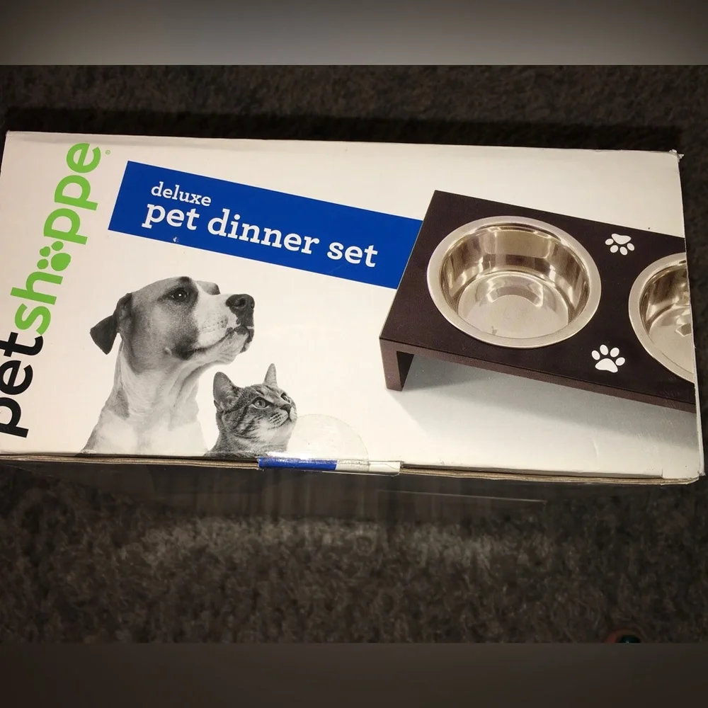 Petshoppe Pet Dinner Set Stainless Steel Bowls Elevated Black Wood Frame Dog Cat
